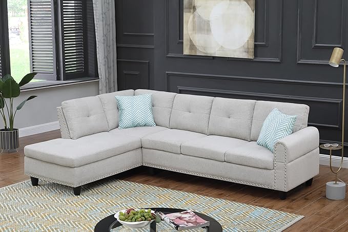 Ball &amp Cast 98 L Shaped Sectional Couch with Chaise Linen Upholstered Modular Sectional Sofa with Pillows and Cup Holders5 Seater Comfy SofaNailhead Trim Designfor Living RoomLight Gray