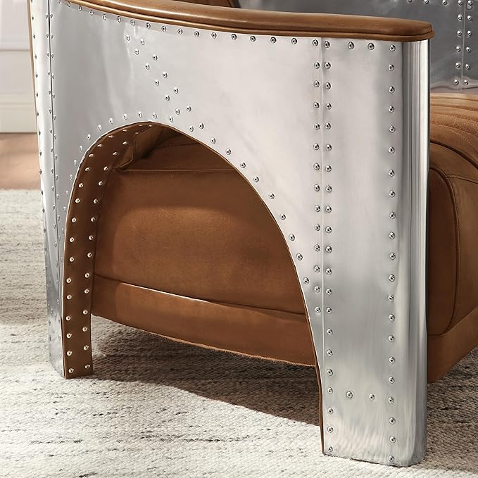 Volans Genuine Leather Accent Arm Chair with Vintage Aluminum Patchwork for Living Room Retro Cognac