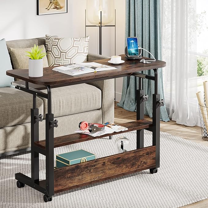 Tribesigns Portable Desk with Power Outlets Height Adjustable Side Table Sofa Couch Bedside Laptop Computer Cart with USB Charging Ports Mobile Small Standing Desk with Keyboard Tray