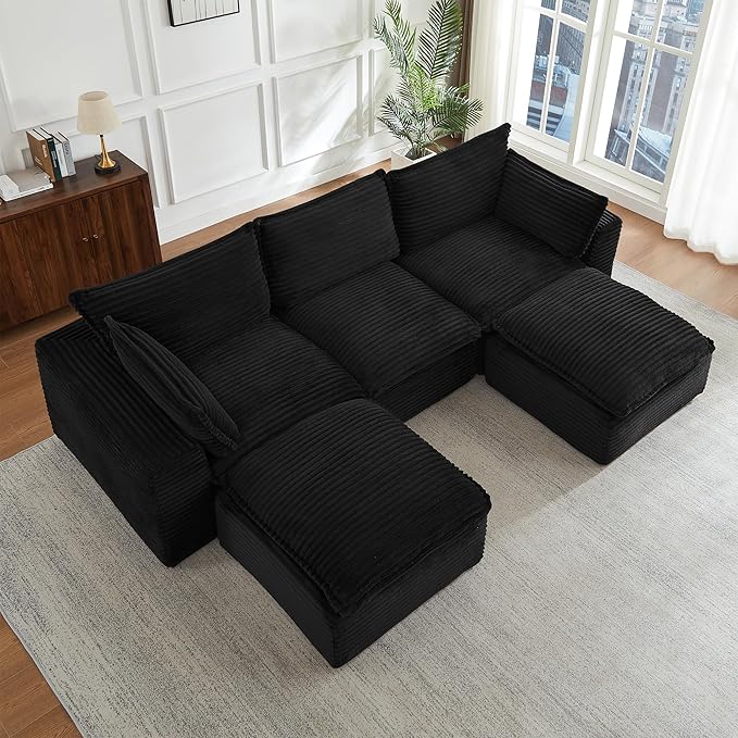 Modern U Shape Boneless Couch 109.4 Modular Sectional Sofa with 2 Ottoman Comfy Corduroy Cloud Sofa with Deep Seat &amp Double-Layer Cushion Convertible 5 Seater Sleeper Couches for Living RoomB