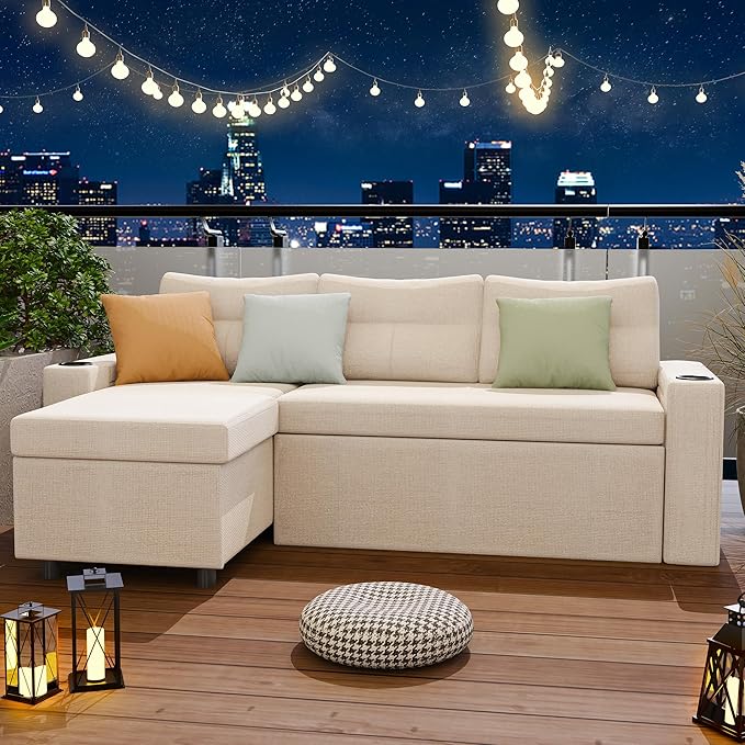 Pamapic 81 Sleeper Sofa with Armrest StorageL-Shaped Sofa with Supportive CushionsCup HoldersSide PocketsPull Out Sleeper Sofa BedPullout Sectional Sofa Couch with Large StorageBeige