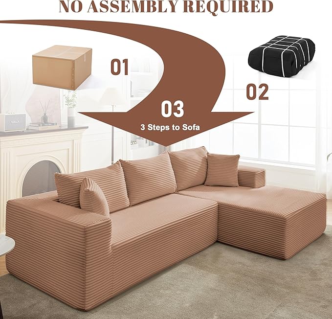 110” Cloud Sectional Couch Boneless Sofa for Living Room Modular Sectional Sofa with Deep Seat Comfy Fluffy Couch with L-Shaped Chaise No Assembly Required (Right-Facing Chaise Camel)