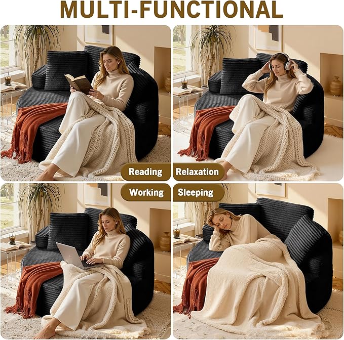 Oversized Round Chaise Lounge ChairCorduroy Cloud Large Circle Sofa Chair No Assembly Required Modern Sleeper Cloud Sofa Couch Bed for Living Room Bedroom Apartment (Black)