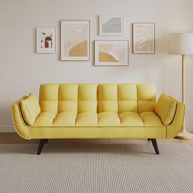 Olela Futon Sofa Bed Convertible Sleeper Couch 74 W Modern Velvet Loveseat with Adjustable Backrests and Solid Wood Legs for Living Room Bedroom Small Space (Yellow)