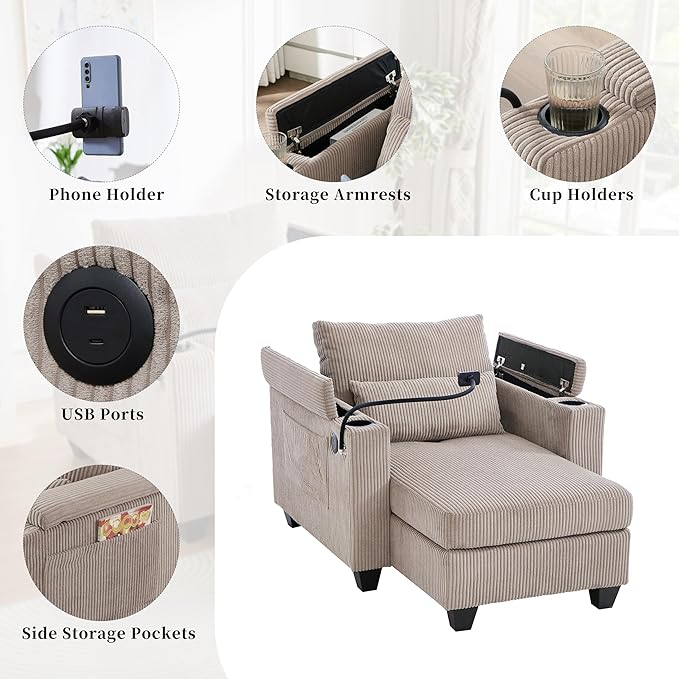 37.4 Convertible Chaise Lounge Corduroy Sleeper Sofa Chair with USB Ports Two Cup Holders Phone Holder and Ample Storage Space for Living Room and Bedroom Brown