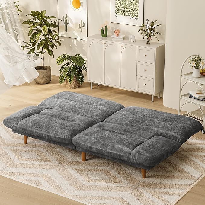 Homall Futon Sofa Bed Modern Loveseat Futon Couch with Adjustable Backrest and Armrests Sleeper Sofa Bed with Wood Frame for Living Room Office Apartment (Leathaire Heather Gray)