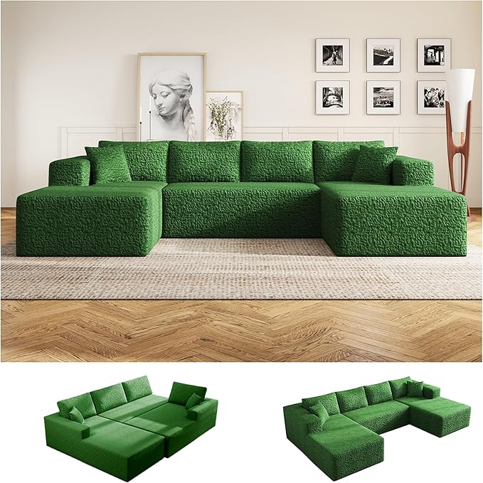 140 U-Shaped Modular Sectional Sofa for Living Room3 Seater Cloud Sectional Couch with Chaise LoungeDeep Seat with PillowsNo Assembly Required (Green)