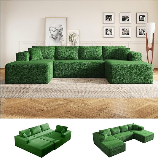 140 U-Shaped Modular Sectional Sofa for Living Room3 Seater Cloud Sectional Couch with Chaise LoungeDeep Seat with PillowsNo Assembly Required (Green)