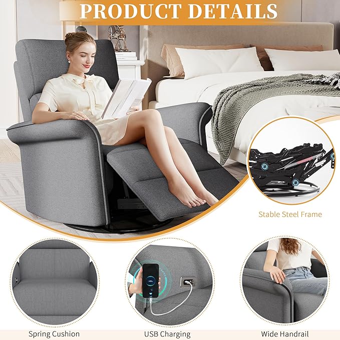 Power Swivel Rocker Recliner Chair for Nursery Oversize Upholstered Snowflake Velvet 270°Swivel Glider Rocker Chair with USB Ports Small Power Recliners for Small Spaces Living Room