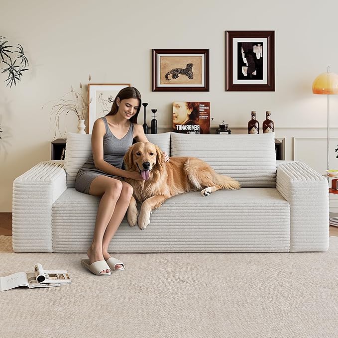 Modern Corduroy Loveseat Sofa2-Seater Cloud Couch with Memory Foam and Furry PillowsDeep Seat Small Sofa with Wide ArmrestsNo Assembly Couch in a Box for BedroomSmall Space (White70.8in)