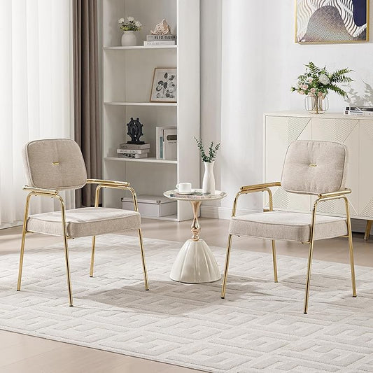 Accent Chair Dining Chair Set of 2 Chenille Upholstered Armchair Reading Side Chair Comfy Living Room Chair with Gold Metal Legs for Bedroom Waiting Room Beige