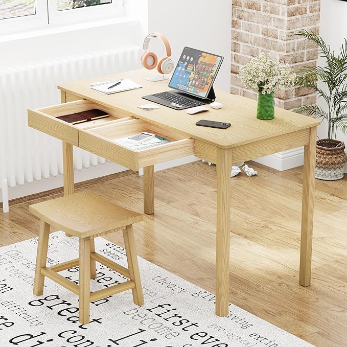 Solid Ash Wood Desk - 47.2 Inch Natural Boho Desks 220LBS Capacity Writing Desk with Drawers Simple Study Table Home Office Desks for Bedroom Living Room &amp Office