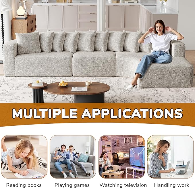 131 Boneless Chenille Sectional L-Shaped Sofa Modern Cloud-Shaped Curved 3-Seater Sofa Includes 10 Pillows Living Room Fabric Corner Couch (Light Khaki 131 Right Chaise)