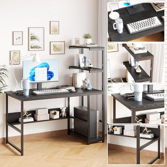 L-Shaped Computer Desk with 4-Tier Storage Shelves 43 inch Writing Desk with Bookshelf for Home Office Reversible Corner Gaming Desk for Bedroom Black (Black)