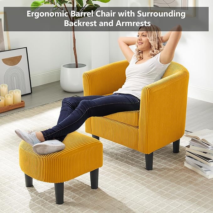 mikibama Accent Chair with OttomanCorduroy Accent Armchair with FootrestModern Mid Century Barrel Chair with Foot StoolSingle Sofa Club Chair for Living RoomBedroomOffice (None Swivel Yellow)