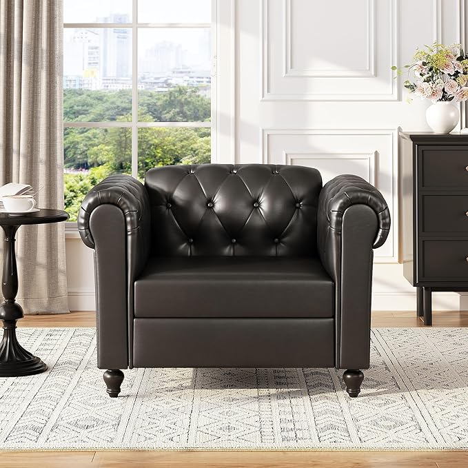 Black Faux Leather Accent Chairs Button-Tufted Upholstered Club Chair Retro Armchairs Mid Century Modern Accent Chair with Solid Wood Legs Cozy Chesterfield Couch Chairs for Living Room Bedroom