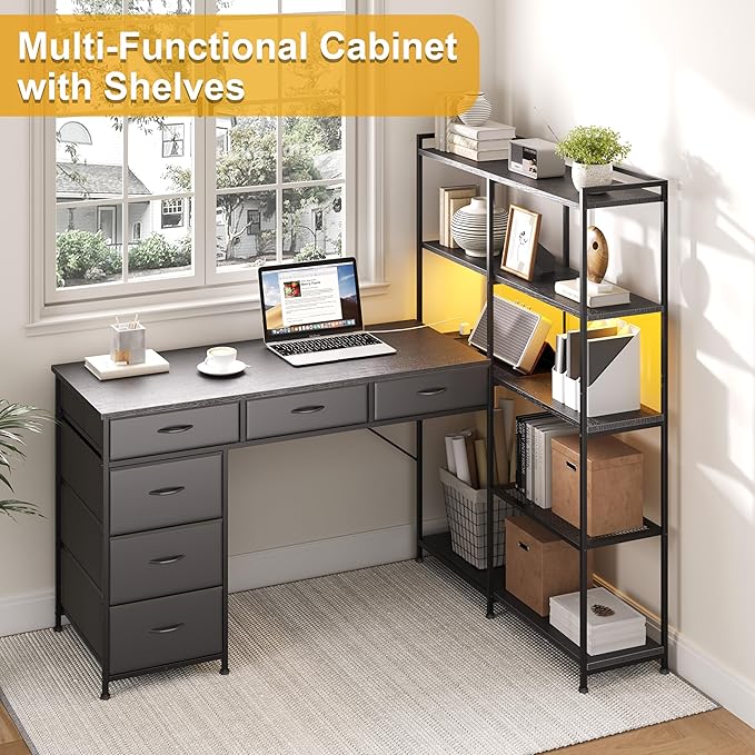 Garvee L Shaped Gaming Computer Desk with 6 Fabric Drawers Corner Gaming Desk with Open Shelves Home Office PC Table with Power Outlets &amp LED Lights 58.3 l*54.3 h Black