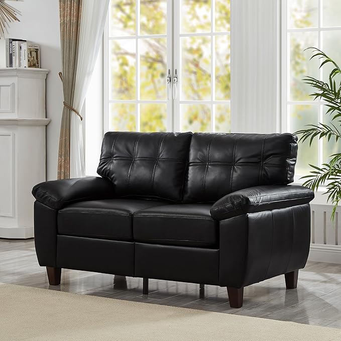 Polibi 59 Modern Loveseat Sofa with Hidden Storage - Faux PU Leather Pocket Spring &amp High-Density Foam Cushion Wide Padded Armrests Solid Wood FrameBlack