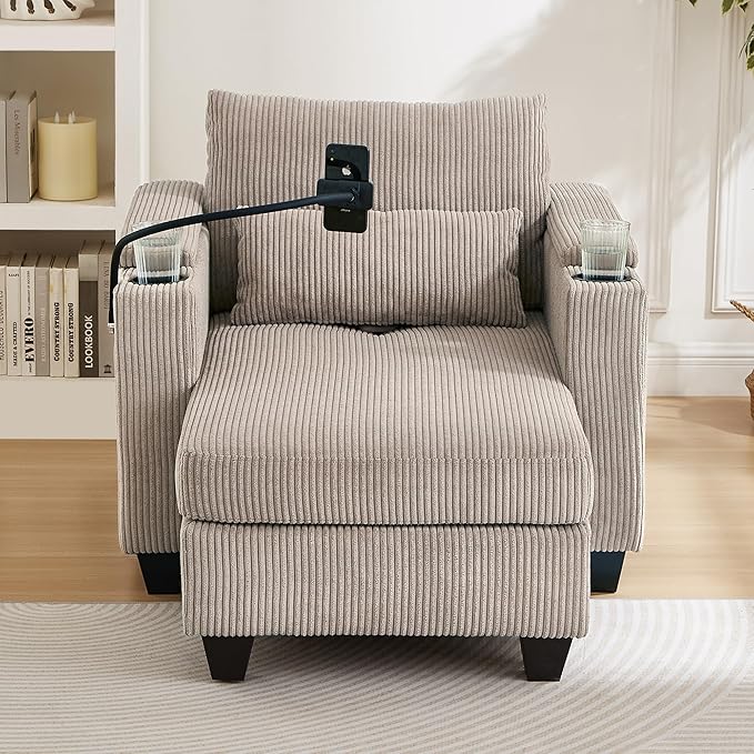 37.4 Versatile Chair Lounge Sleeper Daybed 2-in-1 Flexible Deep Seat Sofa Chair Convertible Recliner Chaise Lounge W/ Storage ArmsUSB PortsCupholdersPhone Holder Pockets for Living Room Bedroom