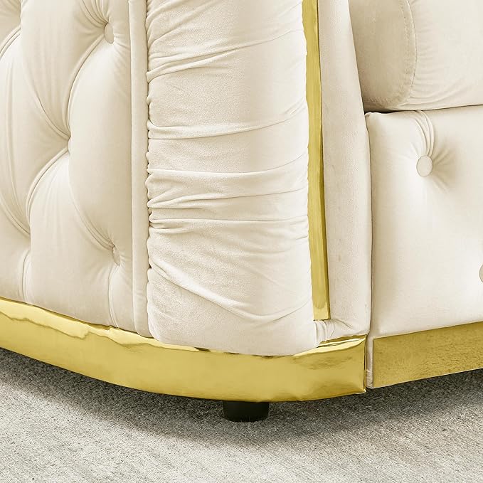 KEIKI 63 Luxury Oversized Velvet Chesterfield Sofa with 2 Pillow &amp Gold Stainless Decoration Italian Modern Style 2-Seater Button Tufted Couch with Rolled Arms Easy Assembly for Living Room B