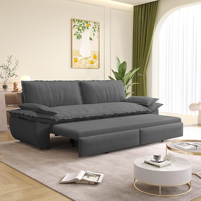 73.2‘’ Queen Size Sofa Bed Corduroy Loveseat 3-in-1 Convertible Sleeper Sofa Couch Love Seat Pull Out Sofabed Space Saving Gray