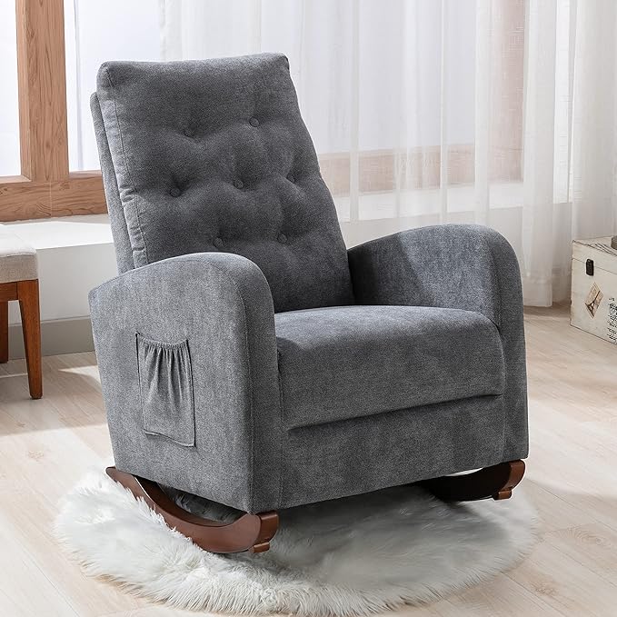 Cozy Linen Reclining Rocking Chair with Side Storage Pocket Comfortable Button Tufted Rocker Elegant and Functional Rocking Recliner Chair Ideal for Living Room &amp Nursery Dark Grey