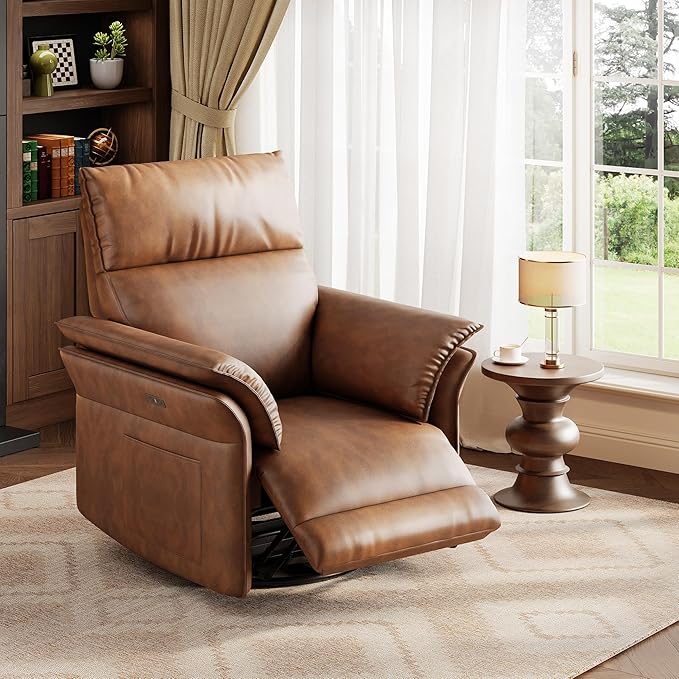 IDEALHOUSE Power Recliner Chair with Side Pockets 270° Swivel &amp Glider USB Charging Port PU Leather Thickened Dual-Layer Armrests Modern Recliner for Living Room Bedroom(Walnut)