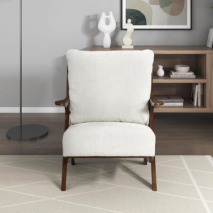 Lexicon Mid Century Modern Accent Chair Pascal Brown Solid Rubberwood Frame Reversible Back Cushion Woven Chenille Upholstered Reading Chair for Living Room/Bedroom/Office Beige