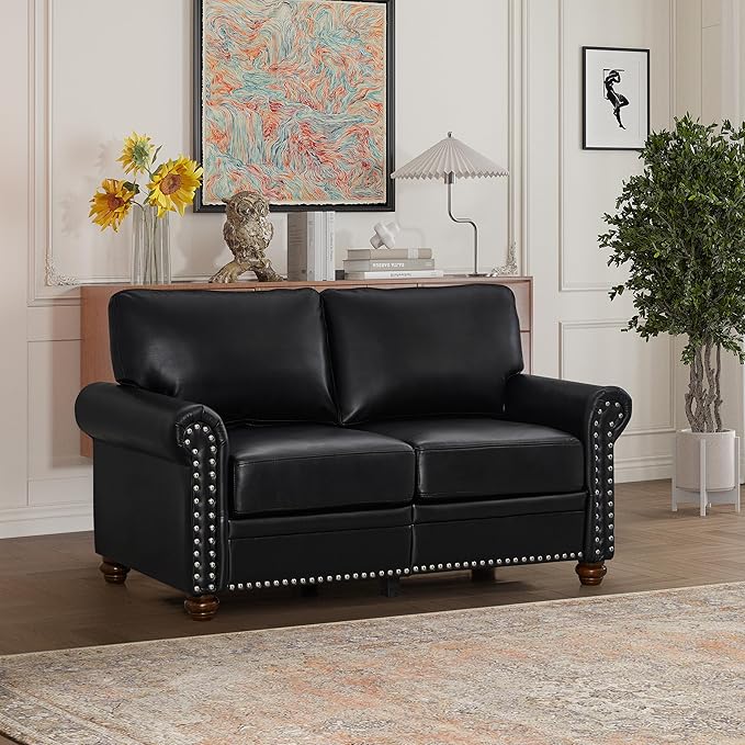 59 Faux Leather Pu Loveseat Underseat Storage Classic Love Seat Couch Elegance 2 Seat with Rolled Armrests Nailhead Trim Wood Legs Traditional Living Room Accent Sofa 2 Seat-Black