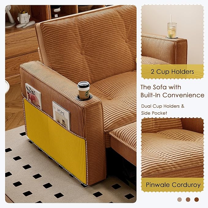 74'' Convertible Sofa Bed 2-in-1 Velvet Sleeper Sofa for Small Spaces Modern Loveseat &amp Guest Bed Apartment &amp Dorm FurnitureOrange | Convertible Sofa Bed