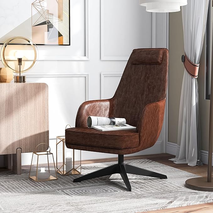 Furniture of America Altha Modern Swivel Base Faux Leather Accent Chair for Living Room Bedroom Home Office Brown