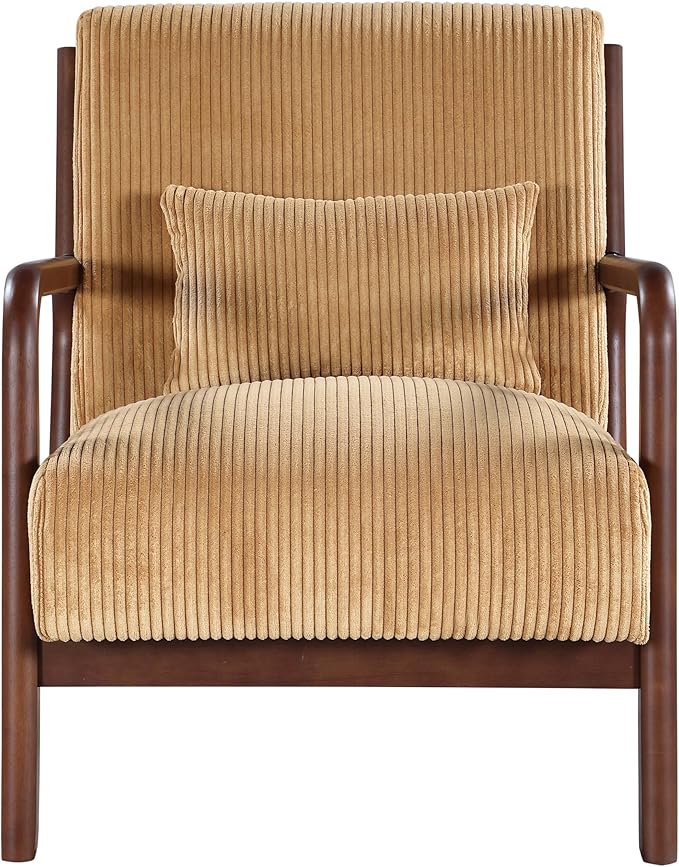 Wooden Accent Arm Chair Mid Century Armchair Comfy Modern Corduroy Accent Chair Boho Arm Chair with Pillow for Bedroom Lounge Living Room (Yellow)