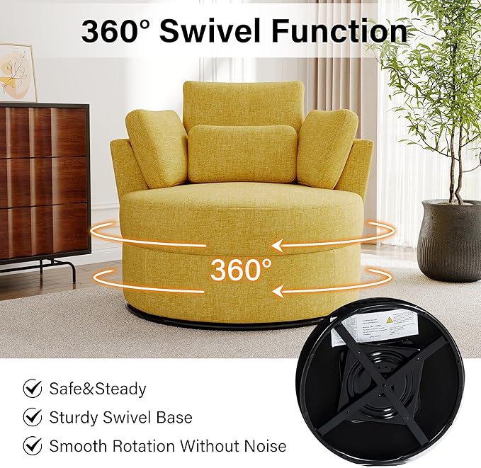 Swivel Accent Barrel Chairs with Storage Ottoman Chaise Lounge Indoor with Removable Headrest Oversized Sofa Chair for Living Room Chenille Mustard