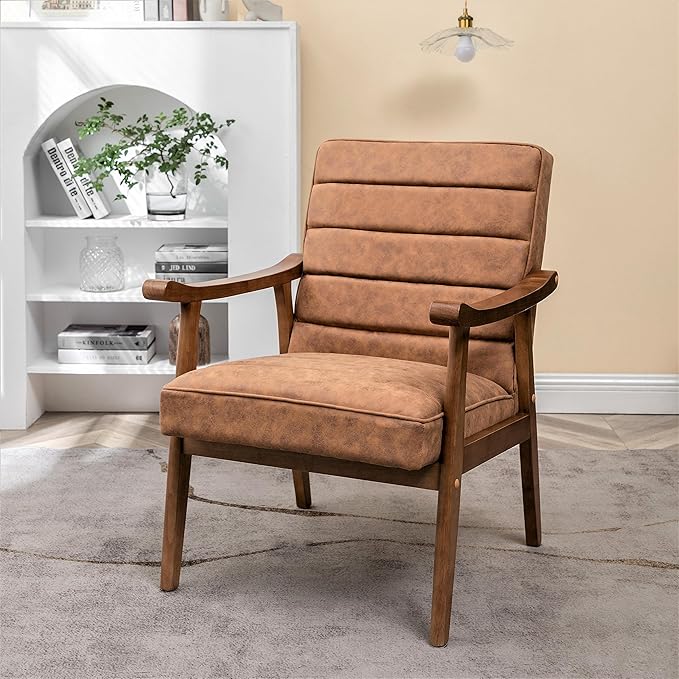 Unique Mid Century Modern Accent Chair with Open-Framed Armchair Design Plush Foam Cushioning and Leather-Look Microfiber Seat and Back Cushions Brown