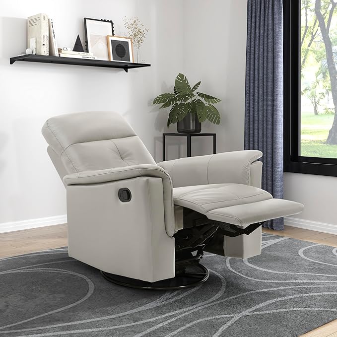 Lexicon Swivel Glider Recliner Chair Comfy Nursery Glider Top Grain Leather Match Recliner Manual Reclining Chair for Living Room/Office/Apartment Silver