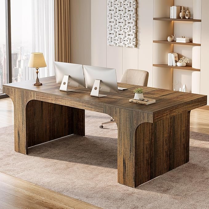 Tribesigns 70.87 Executive Office Desk Large Workspace Computer Desk Rustic Wooden Writing Table Simple Business Furniture with Arched Design for Home Office Rustic Brown