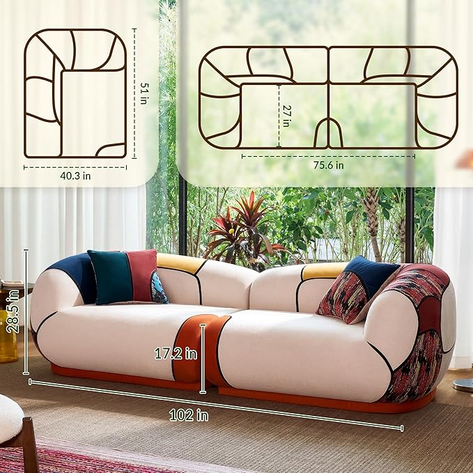 YINIX 102 Oversized Modern Curved Sofa Minimalist 4-Seat Chenille Couch for Living Room Apartment Boneless Sectional Floor Lounge Couches with Bohemian Style Pillows No Assembly