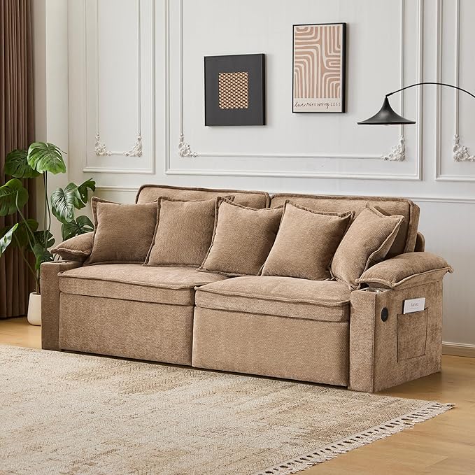 82.7’’ King Size Pull Out Sofa Bed 3 in 1 Convertible Sleeper Sofa Bed with Futon Sofa  Chenille Loveseat Couch Bed with USB Ports and Storage Pockets for Living RoomBedroom Pet-Friendly (Khaki)