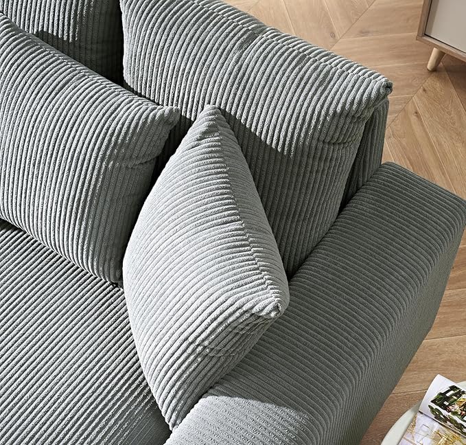 Luxe Upholstered Chaise Lounge Sofa in Soft Corduroy Fabric with Removable Cushions Oversized Chair for Relaxing in Living Room or Bedroom 55.1 Wide Grey
