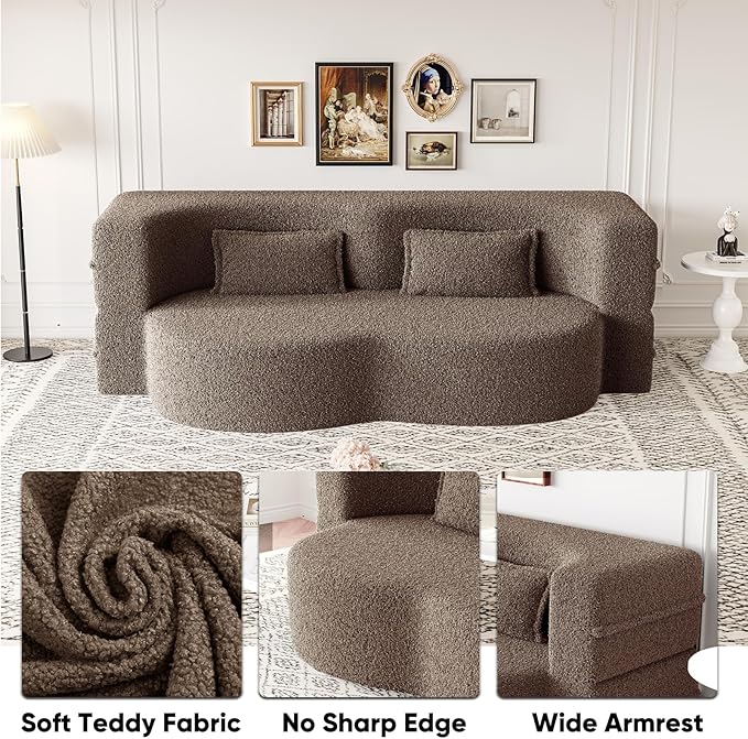 JOYBASE 78in Sofa Couch Convertible Oversized Cloud Loveseat Minimalist Sleeper Sofa Bed for Living Room Apartment Office No Assembly Required (Brown)