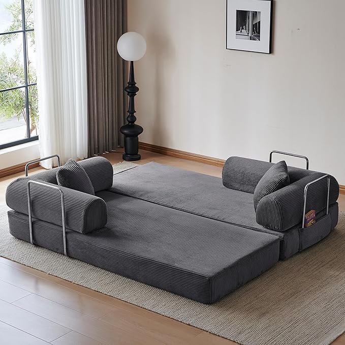 79 Convertible Sleeper Sofa Bed Modern Corduroy Floor Couch Bed with Fixed-Shape Frame Modular Sofa Couch with Pull Out Bed Boneless Loveseat Sleeper Couches for Living Room Grey