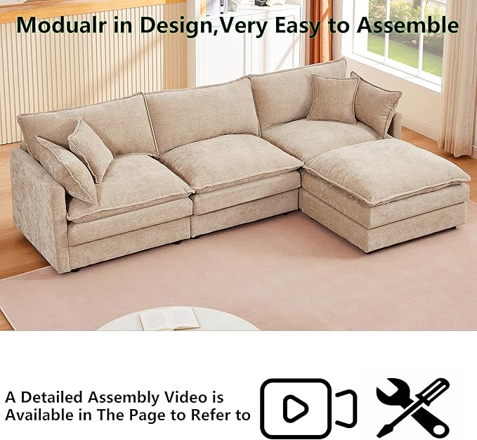 102 L-Shaped Sofa for Living RoomModular Sectional Cloud Sofa Couch with OttomanModern Chenille 3 Seater Sofas with Deep SeatSmall L Shaped Couches for Bedroom (Light Coffee 102)