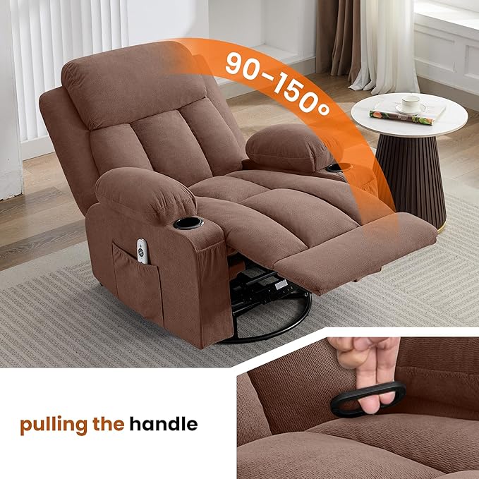 Swivel Rocker Recliner Chair with Vibration Massage and Heat for Living Roomwith Rocking Function and Side Pocket USB Charge Port2 Cup Holders