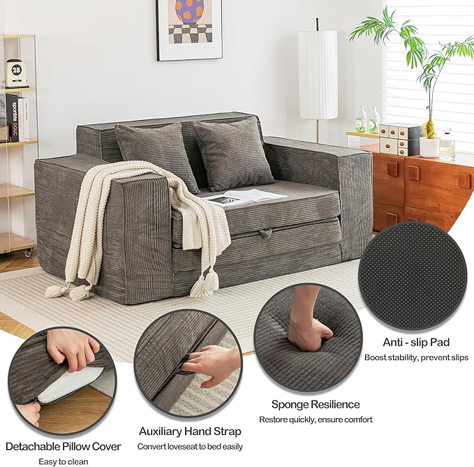 HOMREST 63 Convertible Memory Foam Loveseat Sofa Pull Out Sleeper Sofa Bed 2 in 1 Folding Couch Bed Fold Out Floor Couch Corduroy Fabric with 2 Pillows for Living Room Bedroom Lounge (Grey)