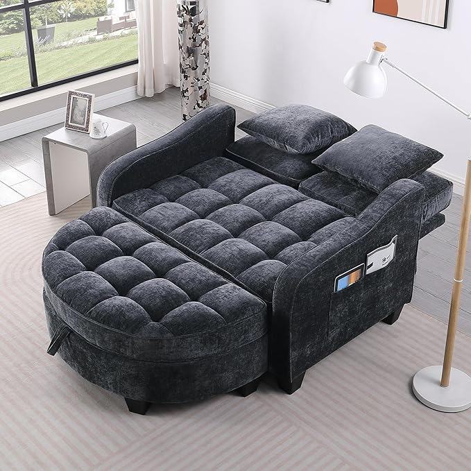 ERYE Chenille Tufted Loveseat Sofa and Ottoman Set Tufted Recliner Sleeper Chaise Lounge with Curved Storage OttomanReclining Backrest and Side Pockets 4 Pillows