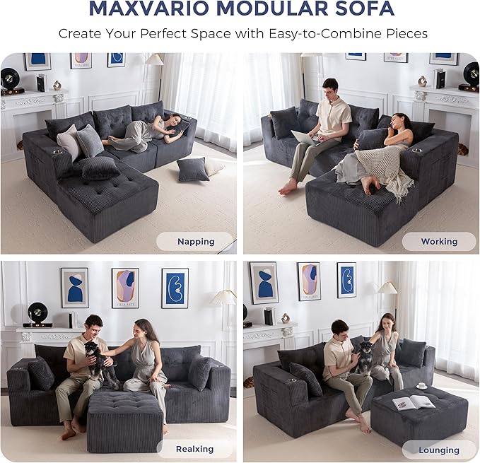 MAXYOYO Modular Sectional Sofa Couch and Chaise Lounge L Shaped Modern Cloud Couch with Ottoman Sofa in A Box Tufted Boneless Sleeper Chair for Living Room No Assembly Required Grey