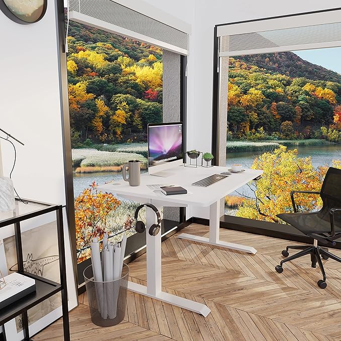 Shintenchi Electric Standing Desk 48 x 24 Inch Height Adjustable Sit Stand Desk Morder Home Office Stand Up Desk Computer Work Station with Splice Board (White Frame + White Top)