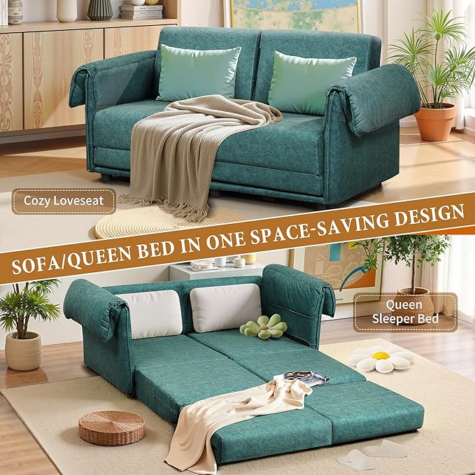Convertible Sleeper Sofa Bed Pull Out Couch with High-Density Foam Modern Upholstered Loveseat Futon 2-in-1 Full Size Bed for Living Room Apartment Small Space (Green) | Foldable Convertible Bed