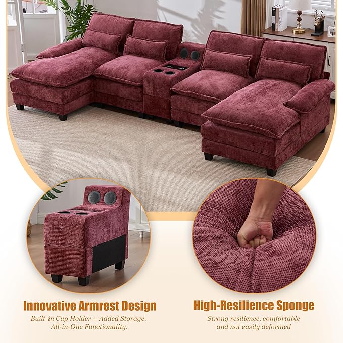 126 Modular Sectional Sofa with Storage Console Cloud Couch Chenille U-Shaped Sofa Cup Holders &amp Wireless Charger Memory Foam Double Chaise for Living Room Office Red