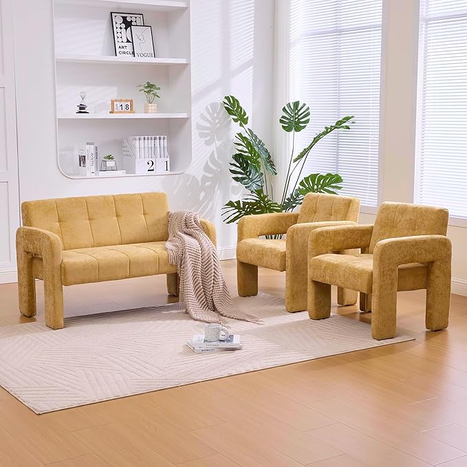 47'' Modern Loveseat Comfortable Small Couch for Two with Chenille Fabric Minimalist Accent Chair for Bedroom Office Entryway Dorm (Mustard Yellow)